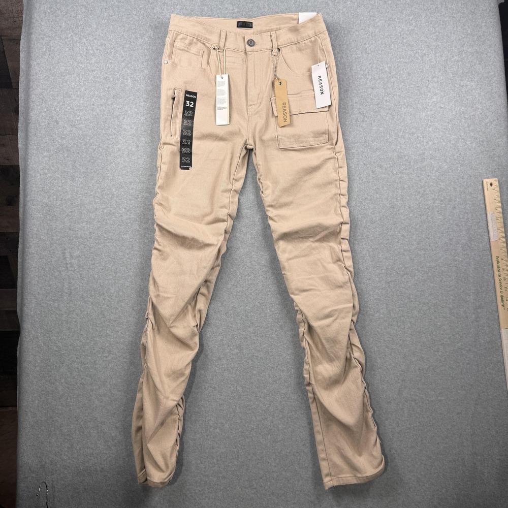 Reason Jeans Mens 32x33 Beige Straight Fit Stretch Denim Pant Ruched Utility NEW